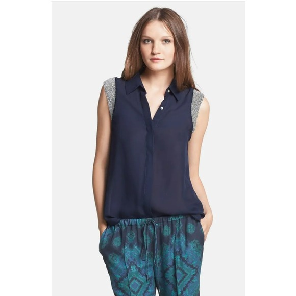 Haute Hippie Tops - Women's HAUTE HIPPIE Navy Blue  Beaded Embellished Cap Sleeve Silk Blouse S $395